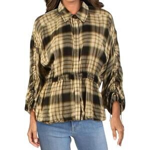 We The Free People Plaid Released Trim Raw Hem Shirt Women Size Large Button Up